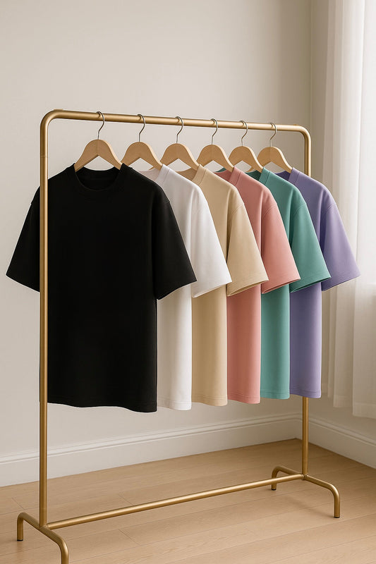 Premium oversized t-shirts in black, white, beige, baby pink, crystal teal, and lavender with embroidered designs, perfect for streetwear fashion.