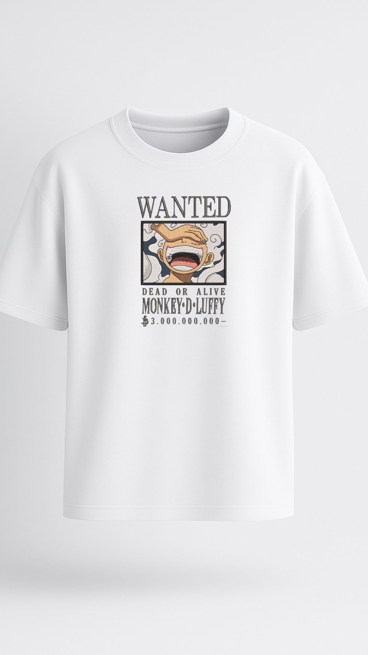 Premium white oversized T-shirt with embroidered Luffy design from One Piece anime – stylish Gen Z streetwear for anime lovers.