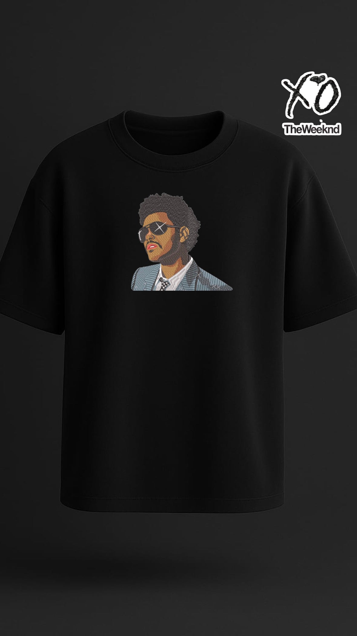 Black oversized t-shirt with premium embroidery of rapper The Weeknd, high-quality streetwear for Gen Z by DripSaga