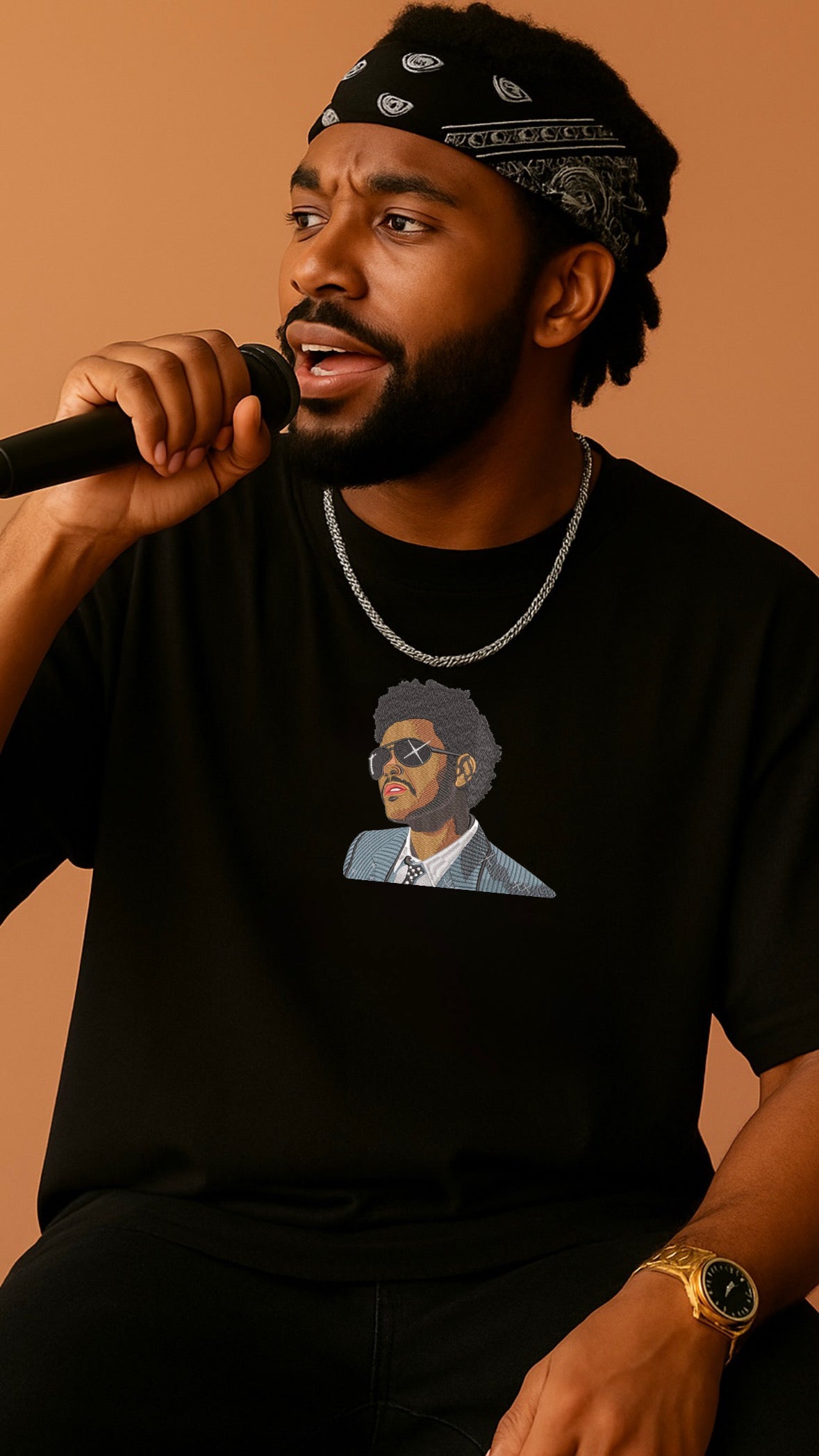 Model wearing black oversized t-shirt with The Weeknd embroidered design – DripSaga