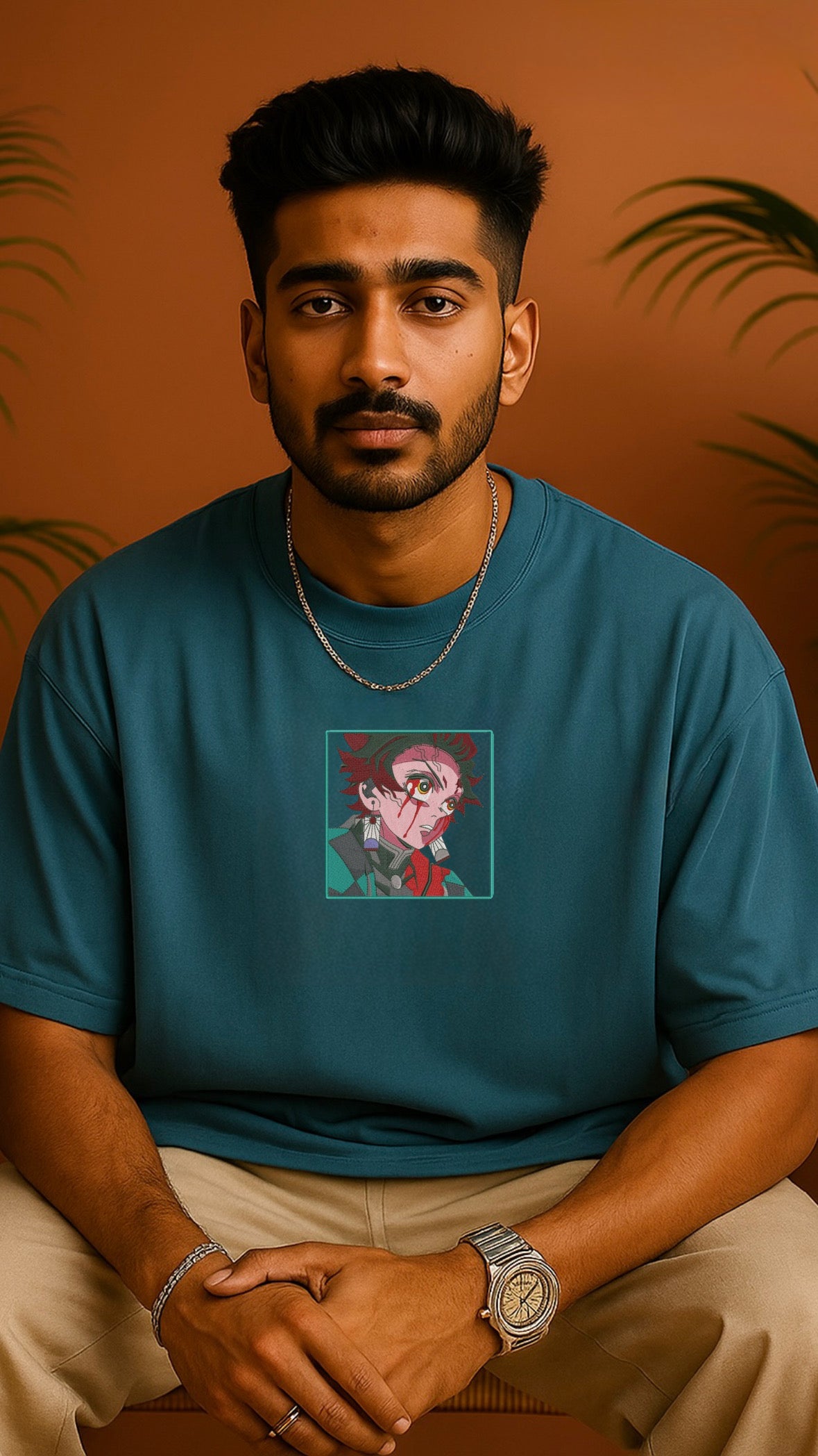 Model wearing a crystal teal oversized premium t-shirt featuring Tanjiro Kamado anime artwork from Demon Slayer, styled for casual streetwear fashion; aesthetic Japanese manga design on soft high-quality cotton, perfect for anime lovers and Gen Z fashion trends.