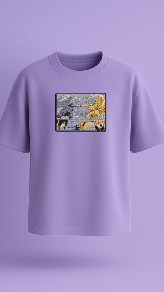 Lavender oversized t-shirt with premium quality cotton featuring detailed embroidered design of Naruto and Sasuke on the front; unisex streetwear tee ideal for anime fans.