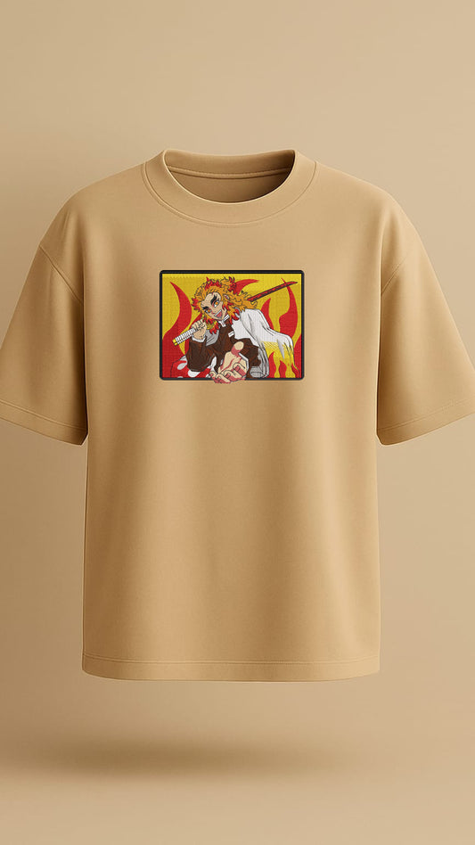 Premium beige oversized T-shirt with embroidered Rengoku from Demon Slayer – unisex anime streetwear for Gen Z with 100% cotton comfort, India delivery