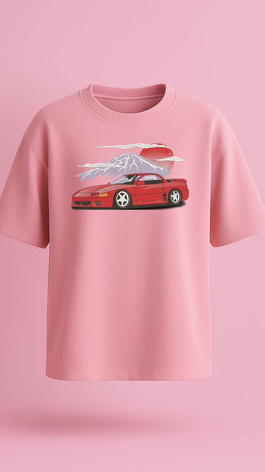 Baby pink oversized t-shirt with premium embroidered red JDM car and Mt. Fuji design, Japanese streetwear for Gen Z, aesthetic fashion, and high-quality anime car merch
