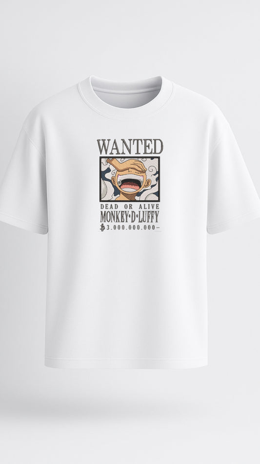 White oversized anime t-shirt with premium Gear 5 Luffy design from One Piece, high-quality streetwear for Gen Z, otaku fashion, and anime merch lovers